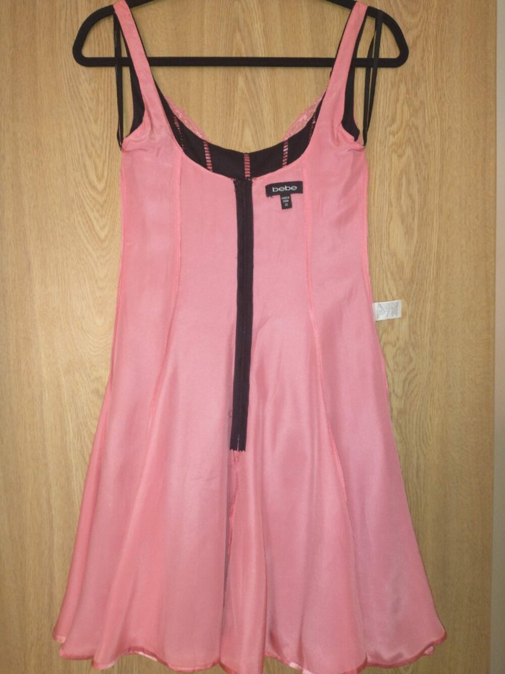 Rare Y2K Vtg Bebe Openwork Lattice Dress Pink Silk Lining Black Sexy Fit & Flare - Picture 9 of 16